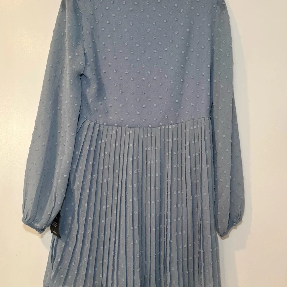 NWT Lulus Dusty Blue Swiss Dot Sheer Long Sleeve Pleated Mini Dress, Sz M